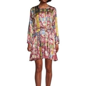 NWT Johnny Was Laurie Pippa Silk Patchwork Floral Burgundy Braid Belt Mini Dress